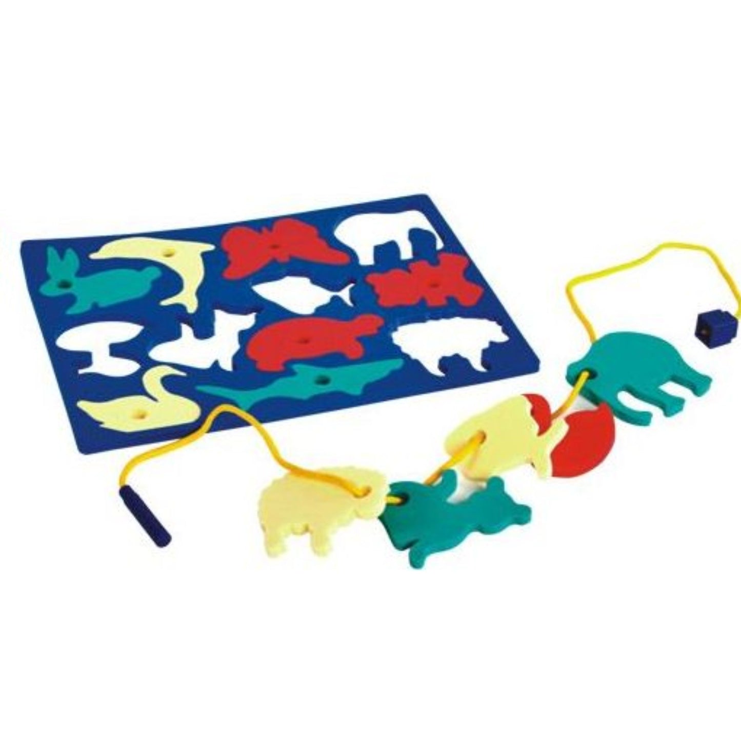 Colourful 12-piece foam animal puzzle with threading lace for toddlers