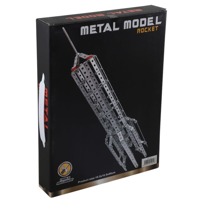 Ideal Toys Metal DIY Rocket Model construction set in black packaging showing the assembled metal rocket