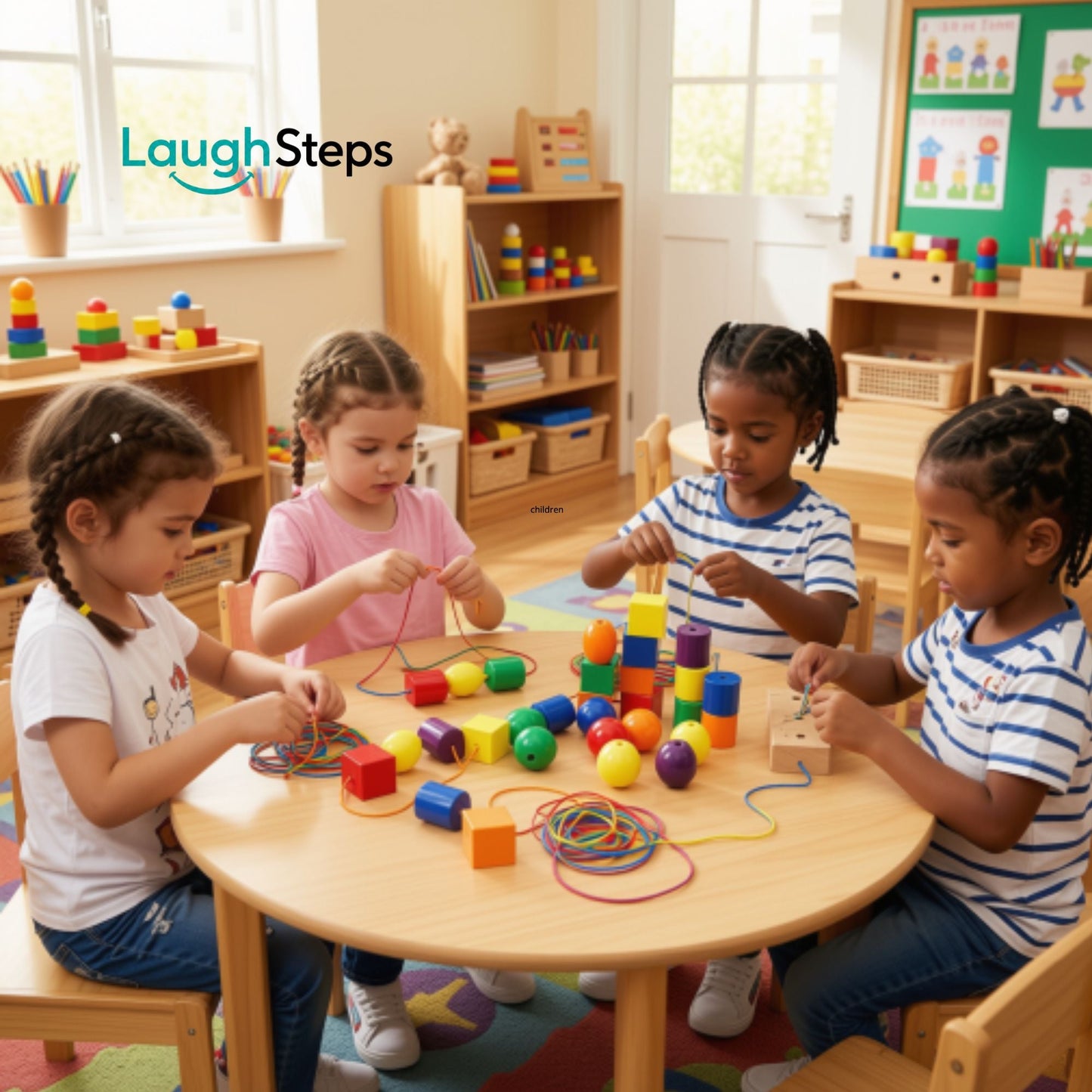 Child using jumbo threading beads for colour sorting, patterning and fine motor development
