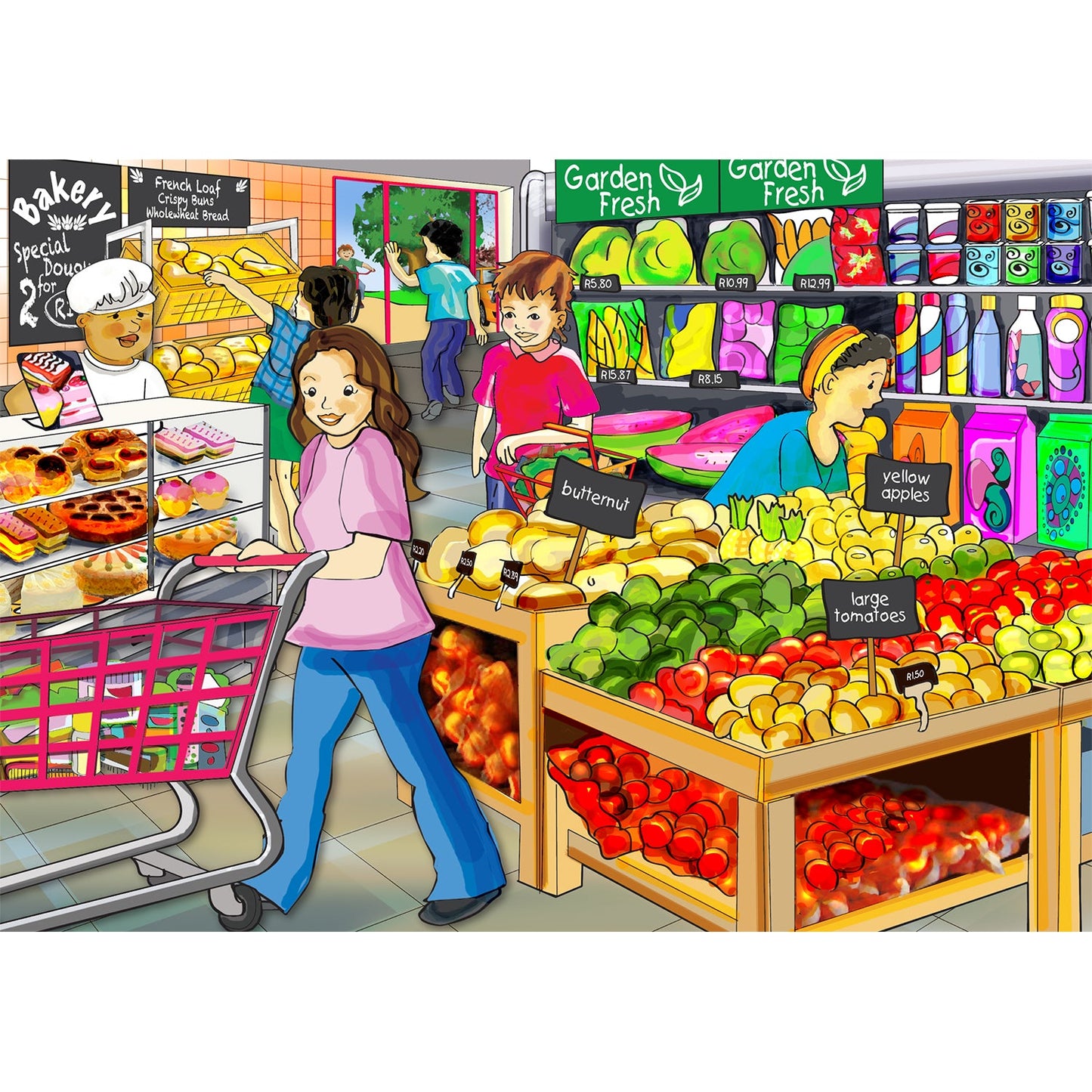 Shopping 36-piece wooden puzzle for children featuring a colourful grocery shop scene