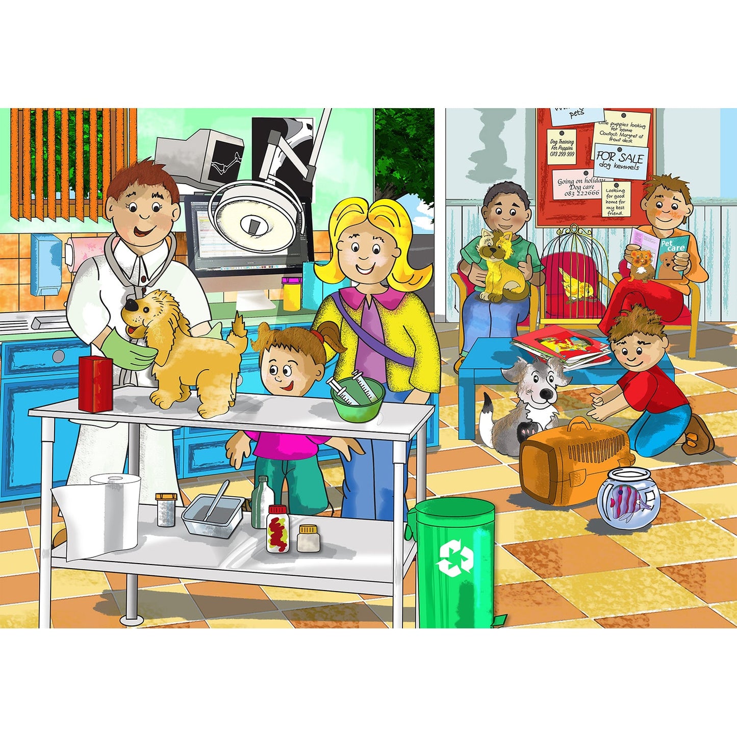 Veterinarian examining a dog in a 48-piece wooden puzzle