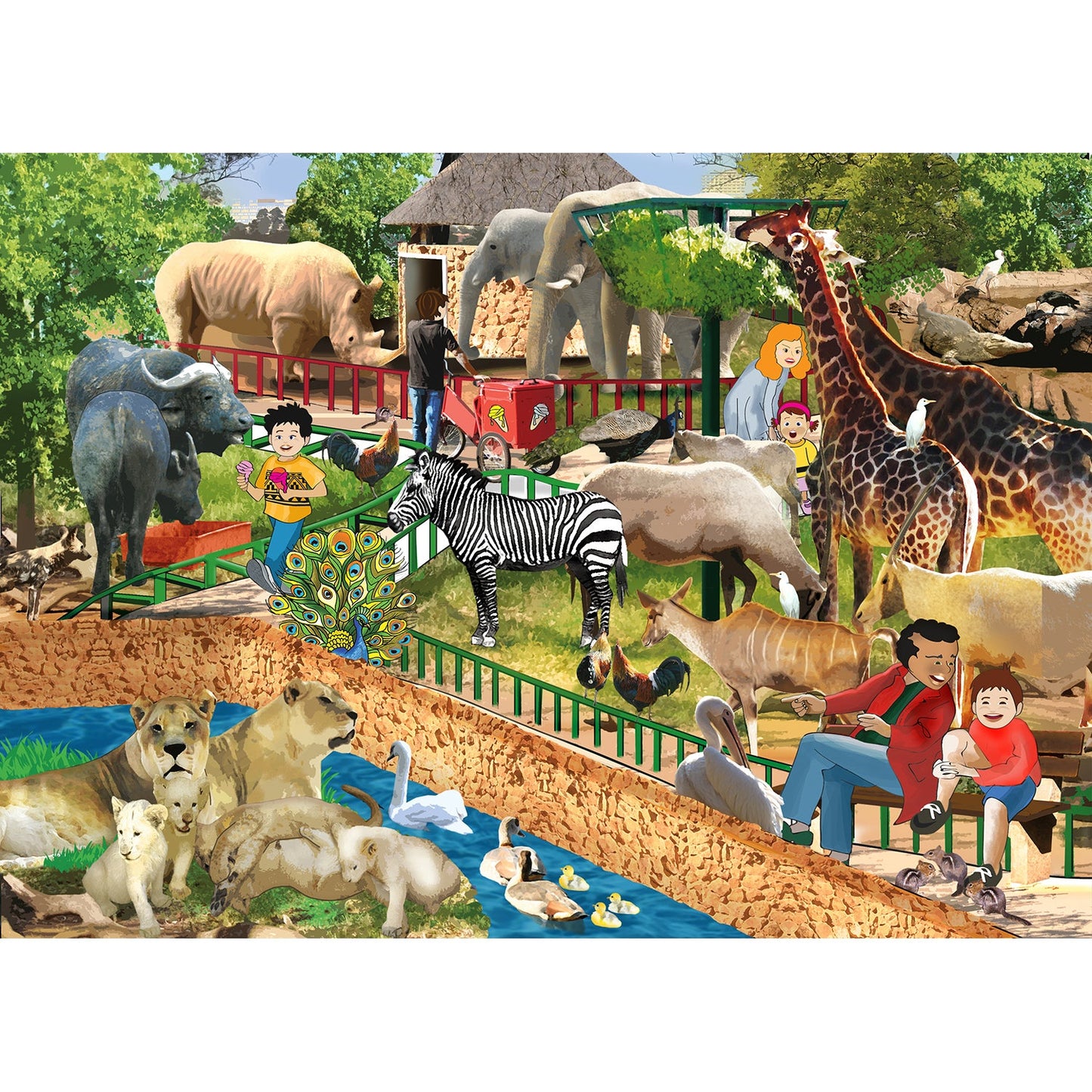 Meet fascinating zoo animals in this Animals 36-Piece Wooden Puzzle. This colourfull scene features a rhinoceros, buffalo, kudu, zebra, antelope, giraffe, crocodile, peacock and a pride of lions, surrounded by nature and visitors enjoying their day at the zoo.