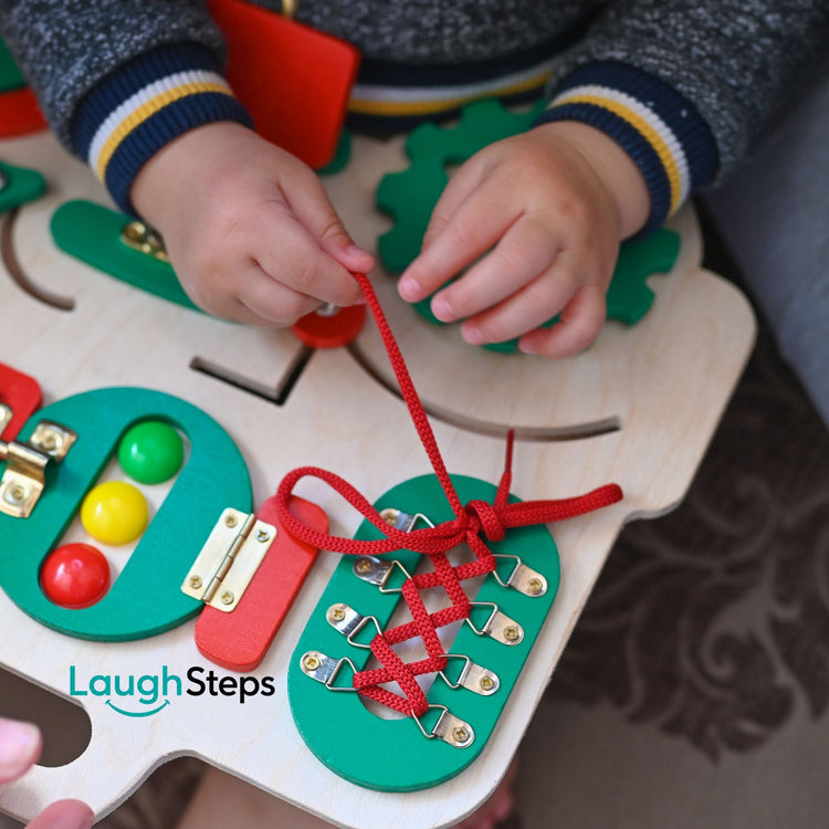 Fine motor skills toys with threading beads, peg boards and sorting activities for preschool children