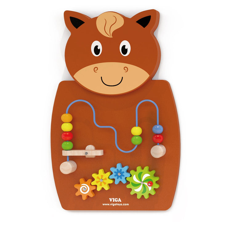 Horse-shaped wall activity board with wire bead maze and colourful gears for preschool classrooms
