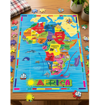 Explore the African continent with the Map of Africa 36-Piece Wooden Puzzle. Children can discover African countries, neighbouring regions and surrounding oceans while learning what different parts of Africa are famous for—from Egypt’s pyramids and Nigeria’s oil to Johannesburg’s gold, Oudtshoorn’s ostriches, Namibia’s deserts and the continent’s remarkable wildlife.