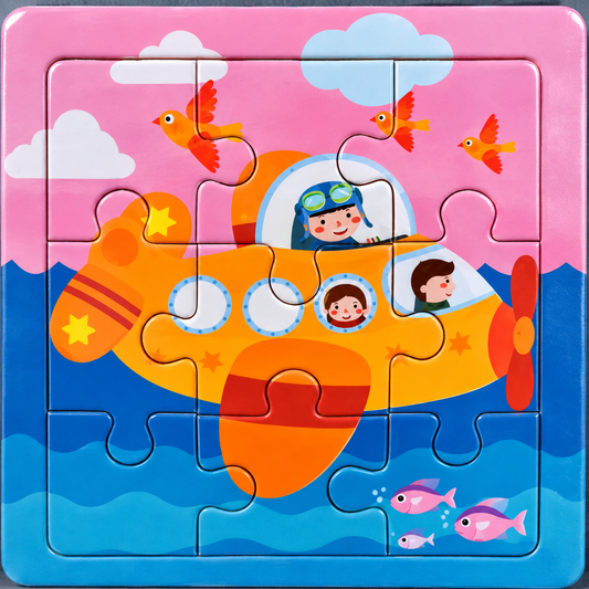 9-piece airplane wooden jigsaw puzzle approximately 10 by 10 cm with colourfull travel and ocean scene.