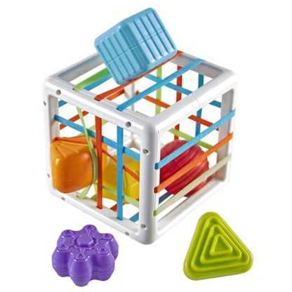 Colourful baby shape-sorting cube with matching geometric pieces