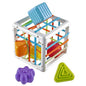 Colourful baby shape-sorting cube with matching geometric pieces