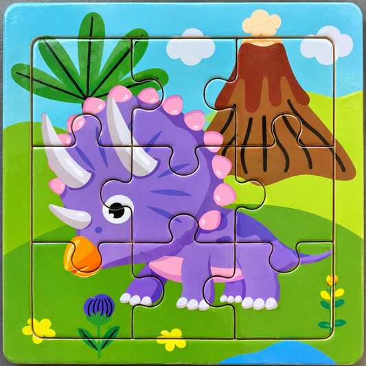 9-piece purple dinosaur wooden jigsaw puzzle approximately 10 by 10 cm for preschool children.