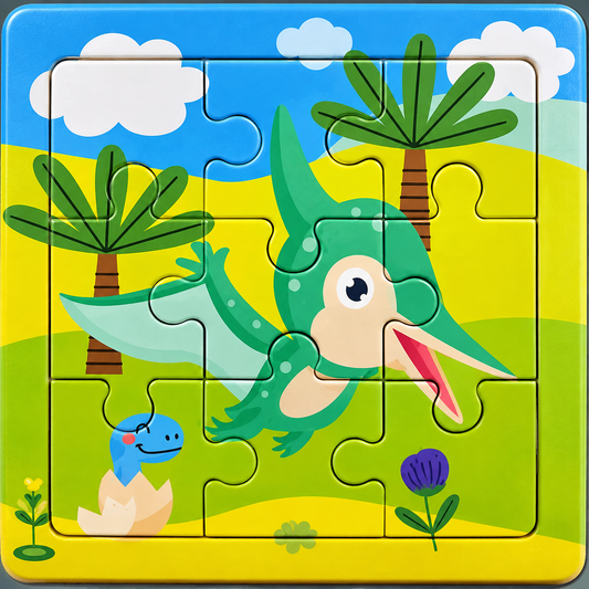 9-piece green dinosaur wooden jigsaw puzzle approximately 10 by 10 cm for preschool children.