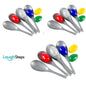 Five colourful plastic eggs and spoons for a children’s egg and spoon race preschool sets.