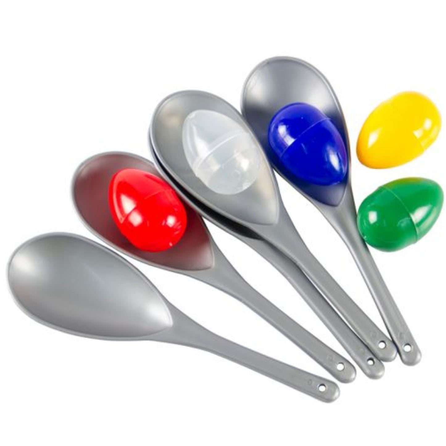 Five-colourful-plastic-eggs-and-spoons for-a-Toddlers-egg-and-spoon-race-for-preschool.