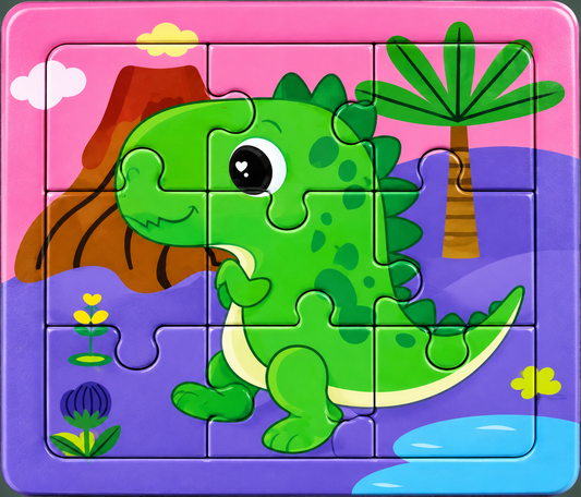9-piece green dinosaur wooden jigsaw puzzle approximately 10 by 10 cm for preschool children