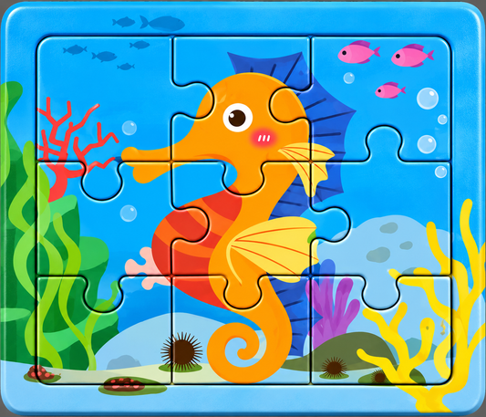 Orange seahorse 9-piece wooden puzzle approximately 10 by 10 cm for preschool children.