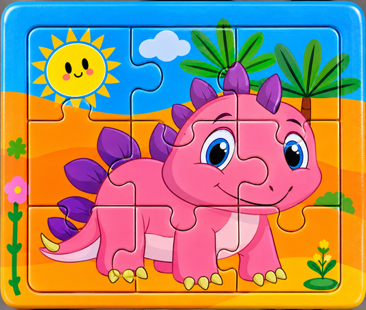 9-piece pink dinosaur wooden jigsaw puzzle approximately 10 by 10 cm for preschool children.