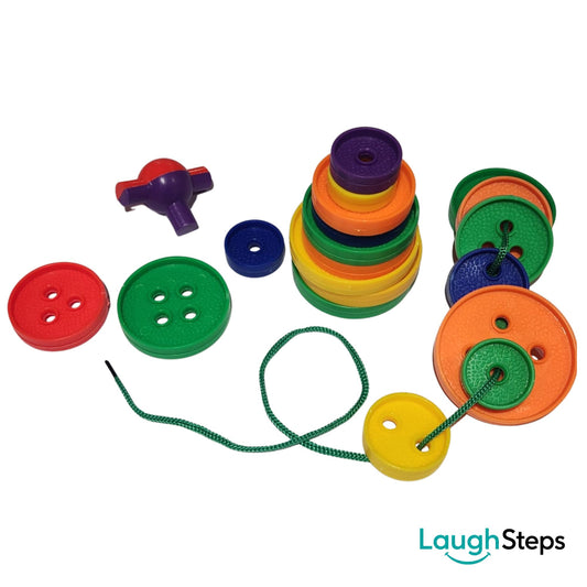 his versatile activity set includes brightly coloured plastic buttons in a variety of shapes and sizes, designed for stacking, sorting, threading and lacing activities. Children can group the pieces by colour, shape or size, build simple patterns, or thread them onto laces for engaging fine motor practice.