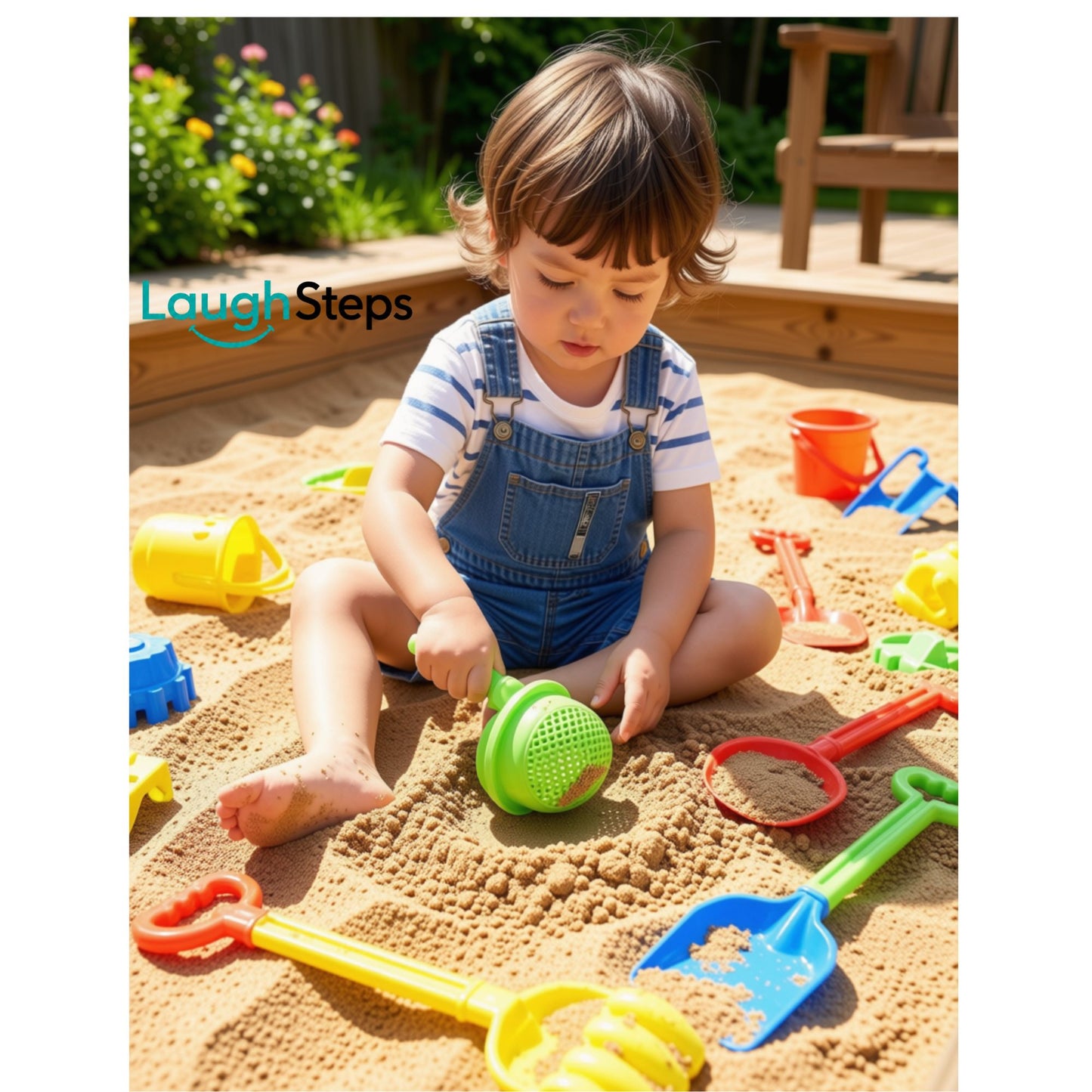 Toddler plastic sand tool set with one rake, two spades and a sieve for sandpit and beach play