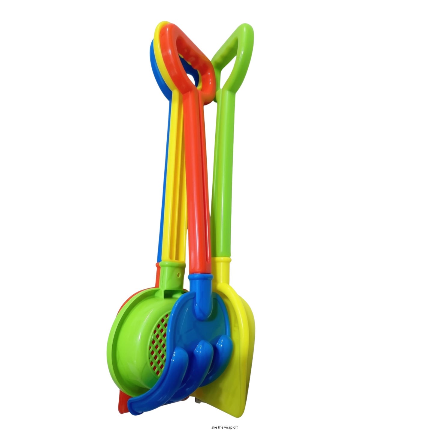 Toddler plastic sand tool set with one rake, two spades and a sieve for sandpit and beach play
