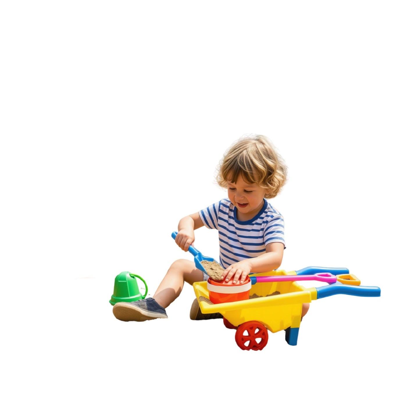 Plastic toddler wheelbarrow with sand bucket, spade and rake for outdoor and sandpit play