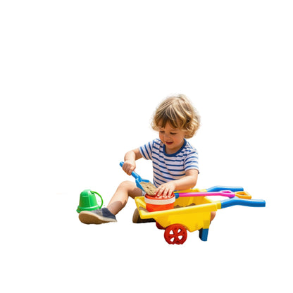 Plastic toddler wheelbarrow with sand bucket, spade and rake for outdoor and sandpit play