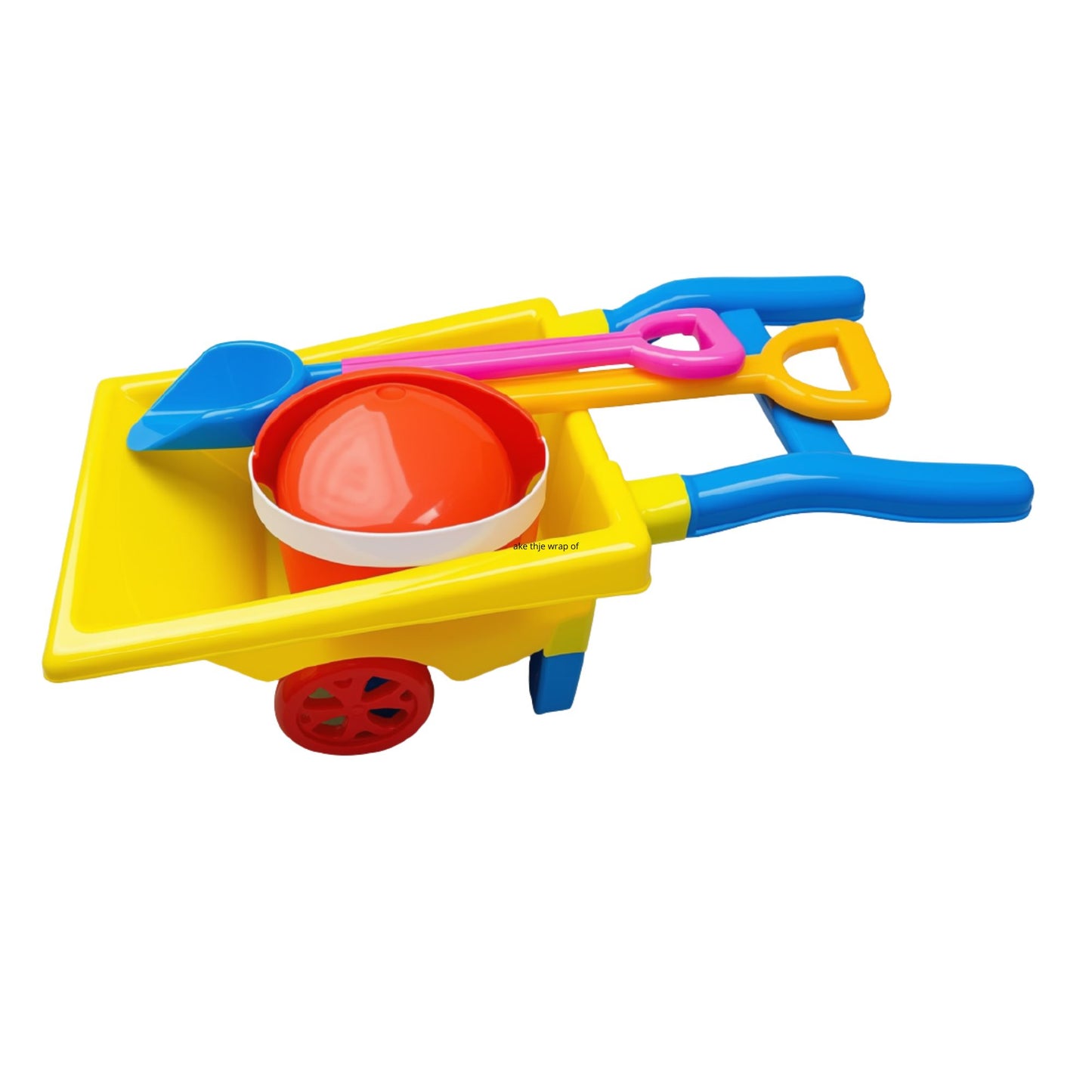 Plastic toddler wheelbarrow with sand bucket, spade and rake for outdoor and sandpit play