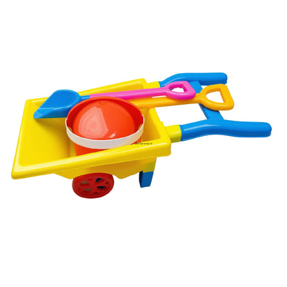 Plastic toddler wheelbarrow with sand bucket, spade and rake for outdoor and sandpit play