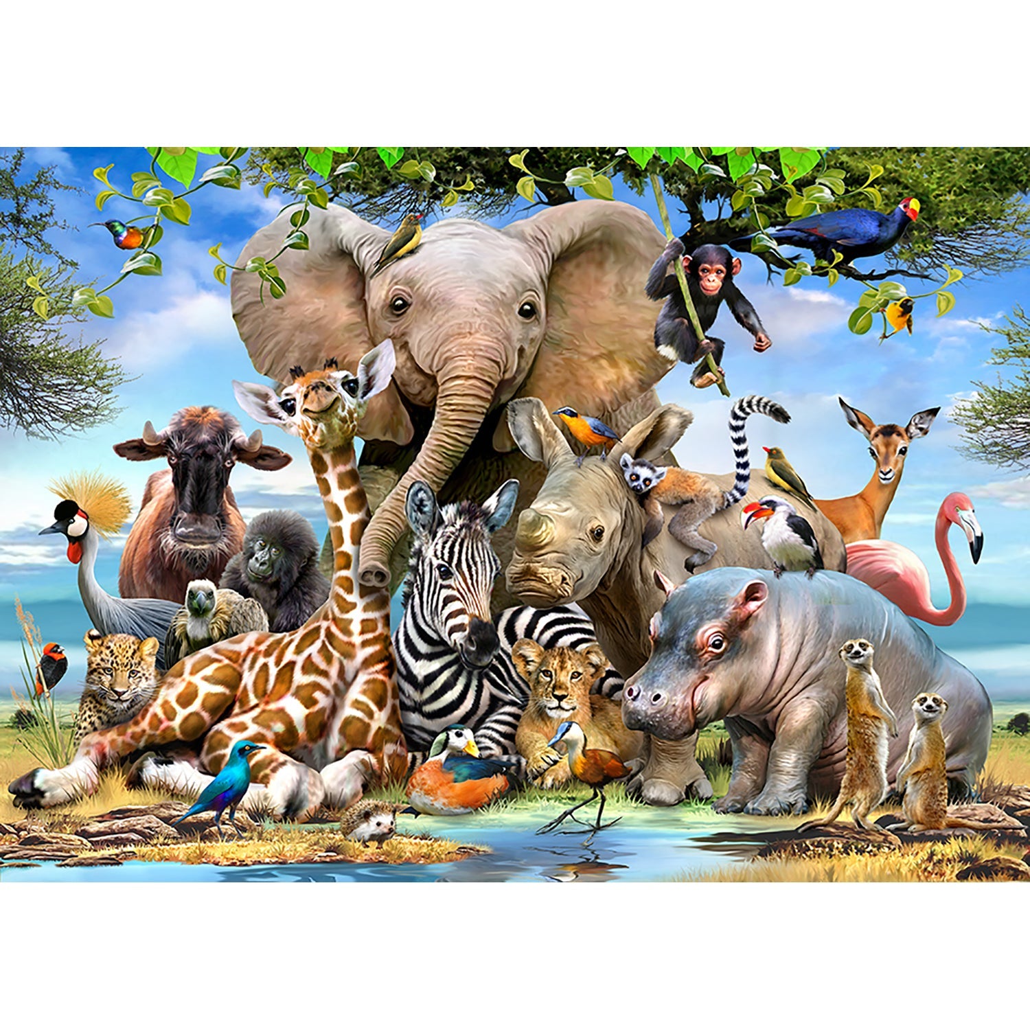 Baby wild animals gathered at a waterhole in a 50-piece wooden puzzle