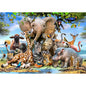 Baby wild animals gathered at a waterhole in a 50-piece wooden puzzle