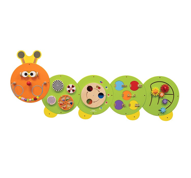 Caterpillar multi-activity wall toy with sensory panels, gears and bead maze