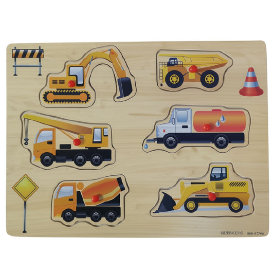 Construction vehicles button puzzle for kids measuring 30 × 22 cm