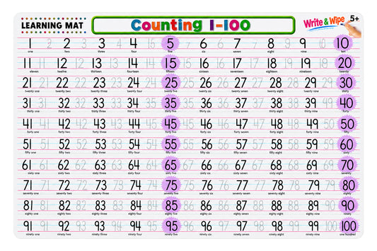 Counting 1 to 100 write-and-wipe learning mat with number-tracing activities for children aged five and older