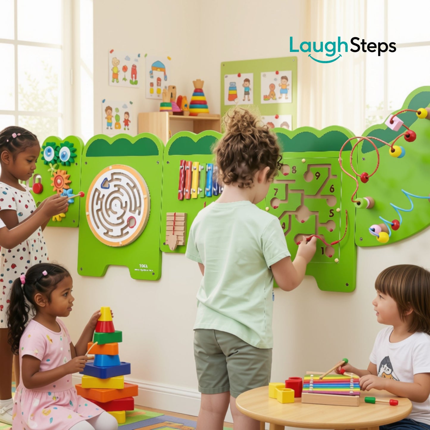 Designed as a long crocodile-shaped wall activity centre, this educational toy provides multiple hands-on play opportunities while leaving classroom floor space free.