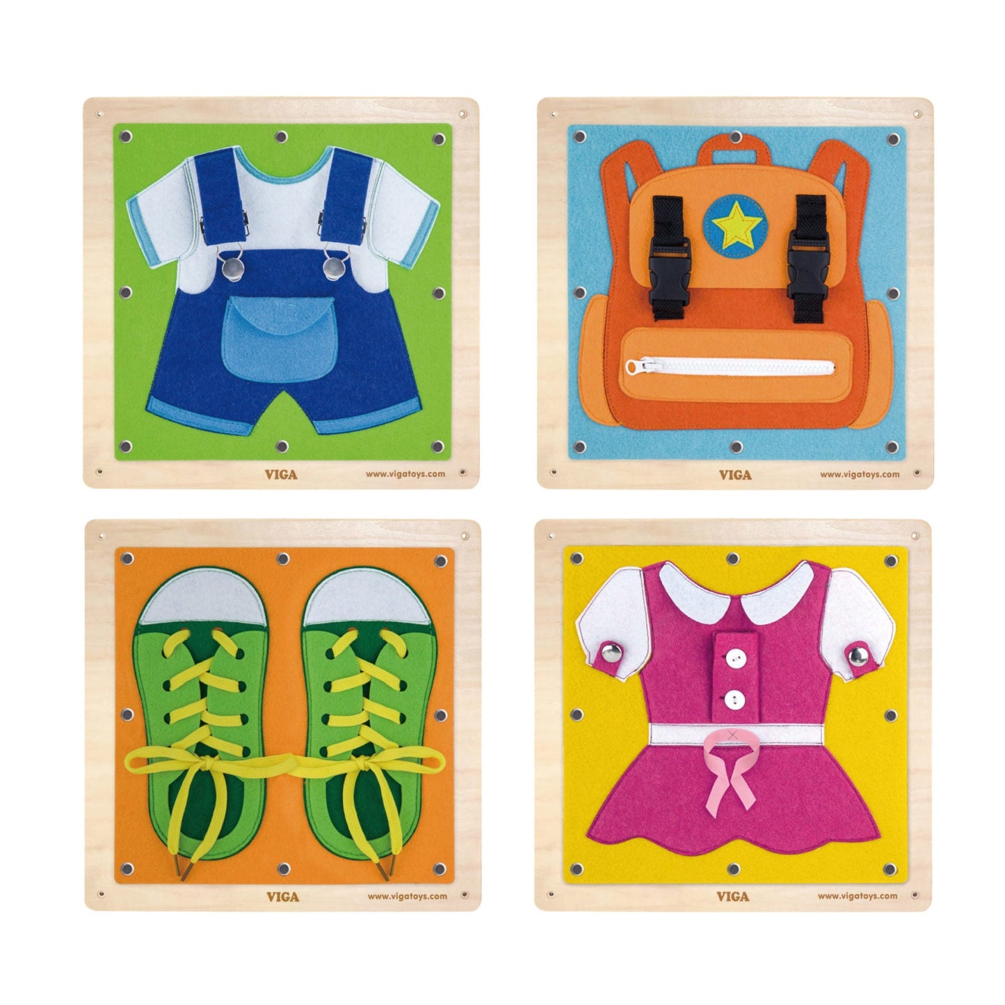 Four-panel dressing skills wall activity board with laces, buttons, zips and fasteners