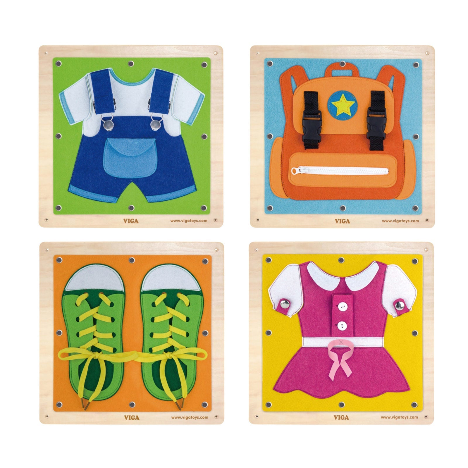 Four-panel dressing skills wall activity board with laces, buttons, zips and fasteners