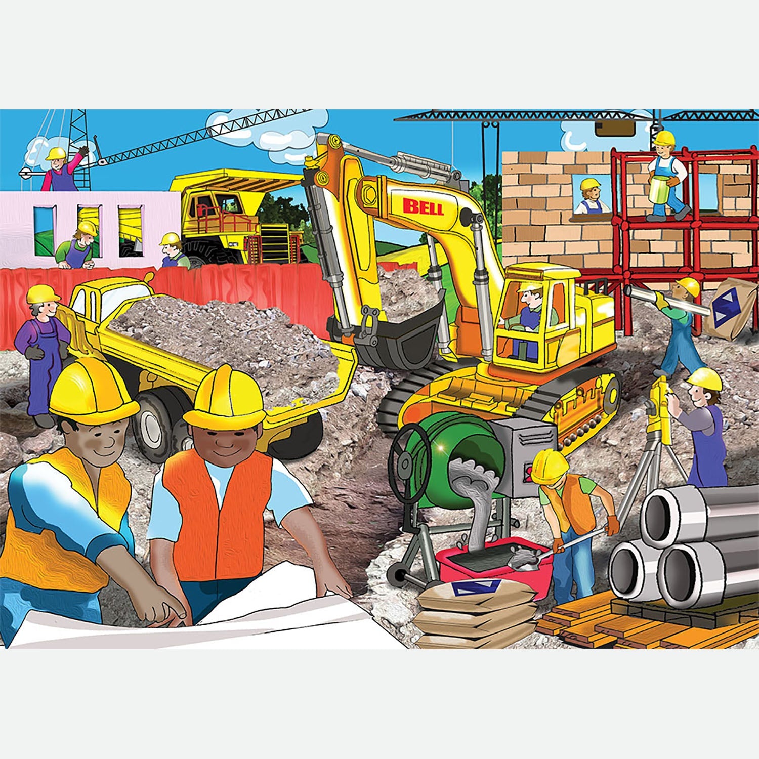 Excavator working on a construction site in a 36-piece wooden puzzle