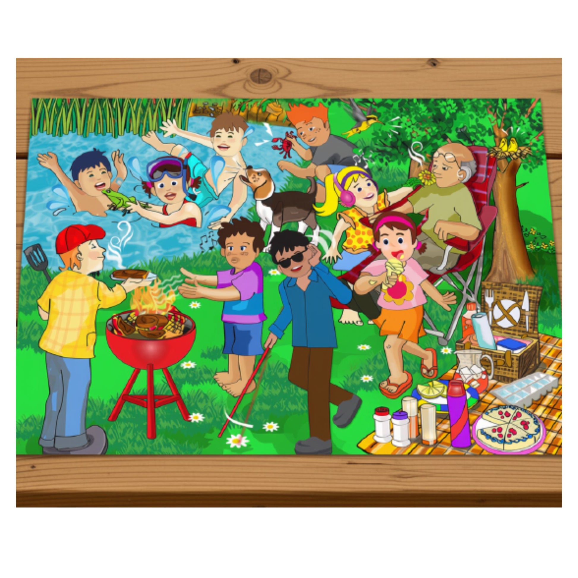 Explore sight, sound, smell, taste and touch with the My Senses 36-Piece Wooden Puzzle. The colourful outdoor scene encourages children to talk about the five senses while enjoying familiar activities such as a picnic, braai, swimming, sunshine and eating ice cream. Children can also discuss sounds such as a barking dog and learn about awareness, kindness and consideration toward a blind person walking in the park. Along the way, the puzzle helps develop visual perception, concentration, observation and pro