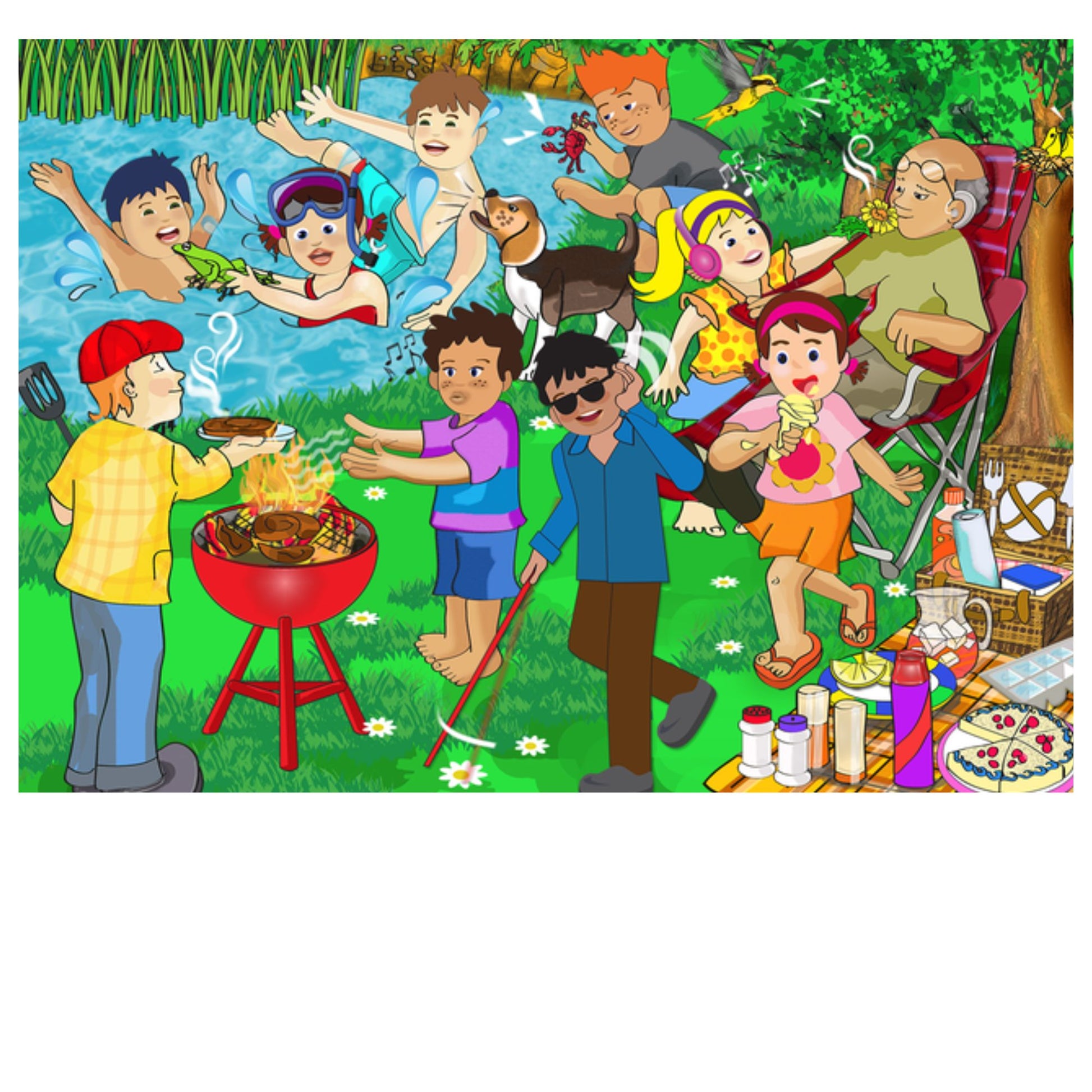 Explore sight, sound, smell, taste and touch with the My Senses 36-Piece Wooden Puzzle. The colourful outdoor scene encourages children to talk about the five senses while enjoying familiar activities such as a picnic, braai, swimming, sunshine and eating ice cream. Children can also discuss sounds such as a barking dog and learn about awareness, kindness and consideration toward a blind person walking in the park. Along the way, the puzzle helps develop visual perception, concentration, observation and pro