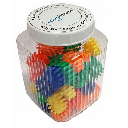 Colourful interlocking gear-shaped plastic construction blocks for children aged 3 and older