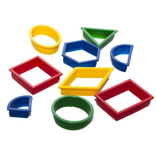 Nine colourful geometric shape cutters for dough and clay