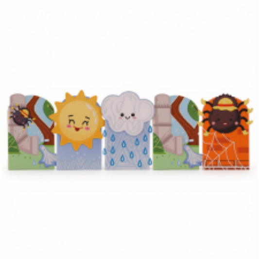 Make rhyme time more engaging with the Itsy Bitsy Spider Story Finger Puppets – 5 Piece Set. Children can move the puppets while singing or reciting the familiar nursery rhyme, helping them connect words, actions and story events.