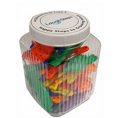 Colourful plastic lacing figures in assorted animal and object shapes for children
