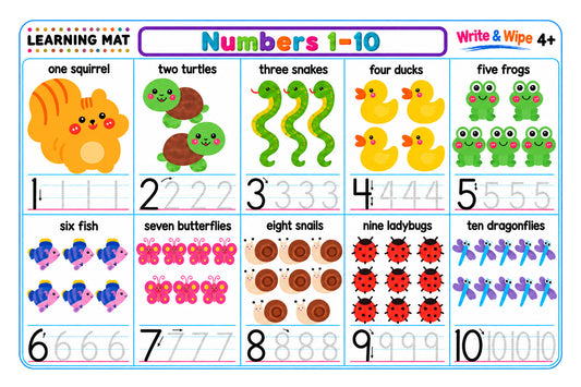 Numbers 1 to 10 write-and-wipe learning mat with animal counting and number-tracing activities for children