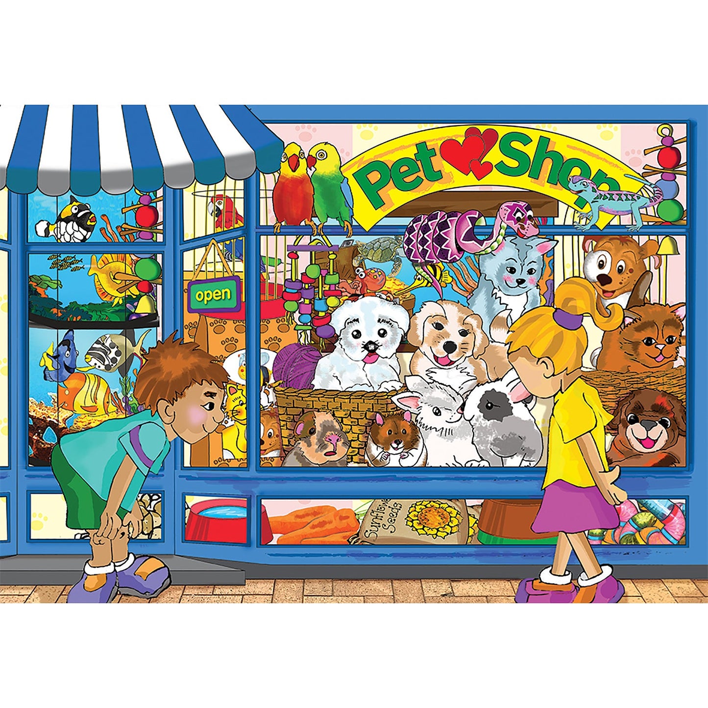 Pet Shop 36-piece wooden puzzle for children featuring dogs, cats, birds and other pets