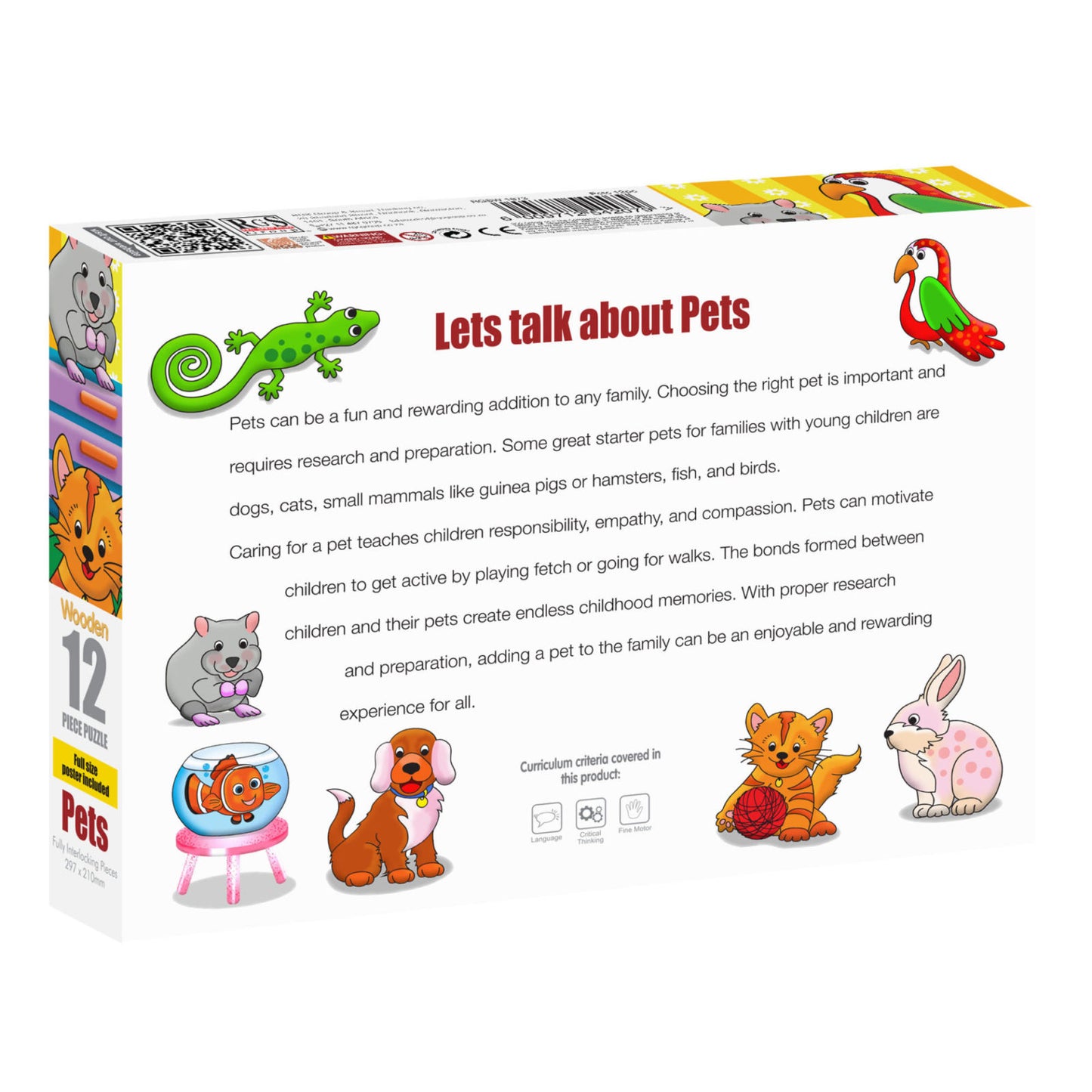 Pets 12-piece wooden puzzle box back with educational information