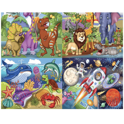 4-in-1 educational puzzle value pack featuring Dinosaur, Wild Animals, Ocean and Space jigsaw puzzles for children aged 4 to 6 years