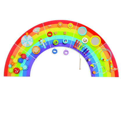 Colourful educational activity  combines multiple hands-on activities into one wall-mounted installation.