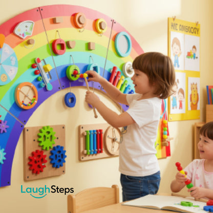 A child plays with a colorful wall-mounted sensory and motor activity board in a bright classroom. The board features rainbow arches, gears, blocks, and hanging toys.