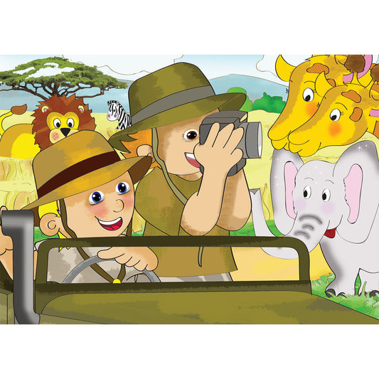 Safari 12-piece wooden puzzle featuring wild animals on a game drive