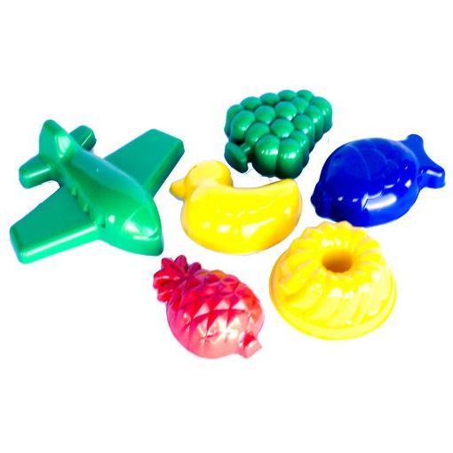 Six colourful animal and sea-life sand moulds