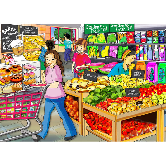 Shopping 36-piece wooden puzzle for children featuring a colourful grocery shop scene